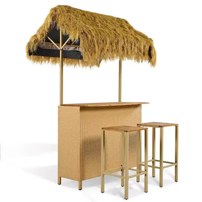 Ensemble de bar de patio 3 pièces, table et tabourets de bar d'extérieur avec auvent, pieds réglables, plateau en bois pour manger et boire, naturel -ModernLuxe