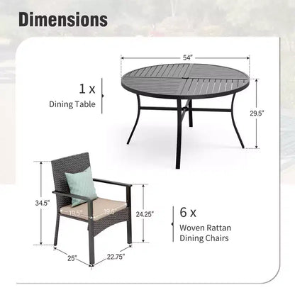 Table de salle à manger d'extérieur Captiva Designs 7 pièces en acier noir avec trou pour parasol et chaises en rotin avec accoudoirs rembourrés
