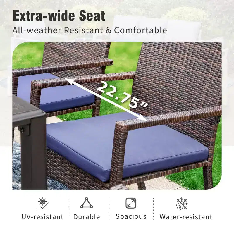 Table de salle à manger d'extérieur Captiva Designs 7 pièces en acier noir avec trou pour parasol et chaises en rotin avec accoudoirs rembourrés