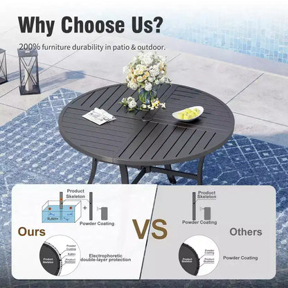 Table de salle à manger d'extérieur Captiva Designs 7 pièces en acier noir avec trou pour parasol et chaises en rotin avec accoudoirs rembourrés