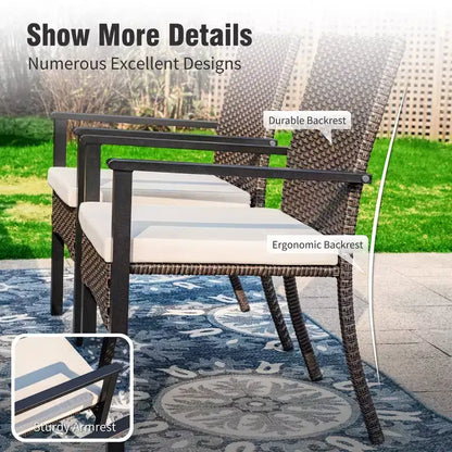 Table de salle à manger d'extérieur Captiva Designs 7 pièces en acier noir avec trou pour parasol et chaises en rotin avec accoudoirs rembourrés