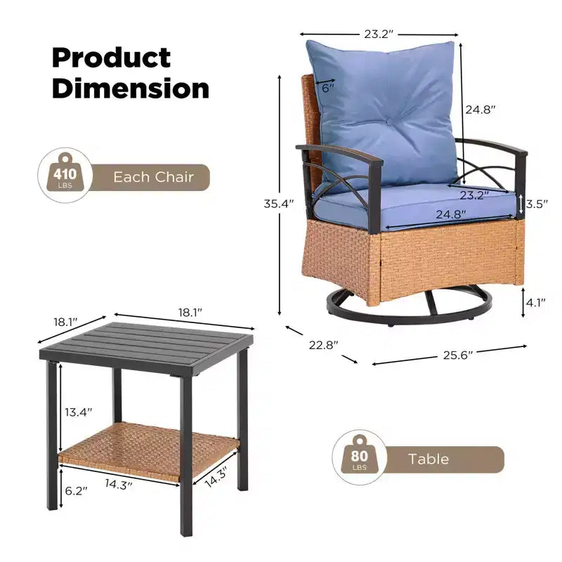 Fauteuils pivotants à bascule en rotin EROMMY 3 pièces pour patio, chaises à bascule pivotantes d'extérieur avec 1 table basse en rotin, parfaites pour le porche, le jardin et la pelouse