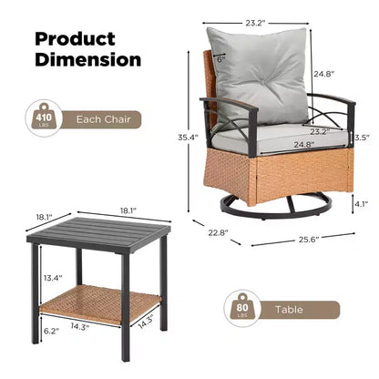 Fauteuils pivotants à bascule en rotin EROMMY 3 pièces pour patio, chaises à bascule pivotantes d'extérieur avec 1 table basse en rotin, parfaites pour le porche, le jardin et la pelouse