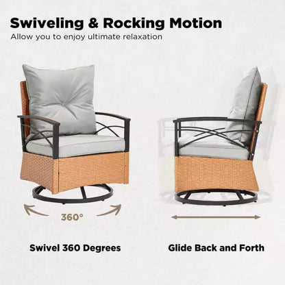 Fauteuils pivotants à bascule en rotin EROMMY 3 pièces pour patio, chaises à bascule pivotantes d'extérieur avec 1 table basse en rotin, parfaites pour le porche, le jardin et la pelouse