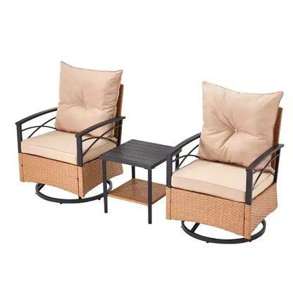 Fauteuils pivotants à bascule en rotin EROMMY 3 pièces pour patio, chaises à bascule pivotantes d'extérieur avec 1 table basse en rotin, parfaites pour le porche, le jardin et la pelouse
