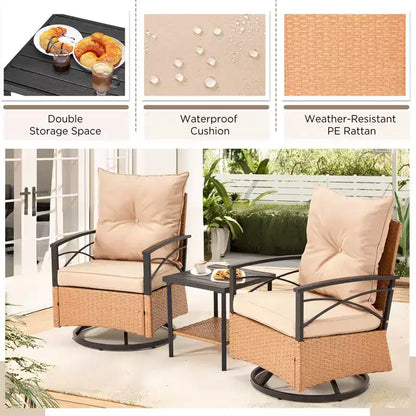 Fauteuils pivotants à bascule en rotin EROMMY 3 pièces pour patio, chaises à bascule pivotantes d'extérieur avec 1 table basse en rotin, parfaites pour le porche, le jardin et la pelouse