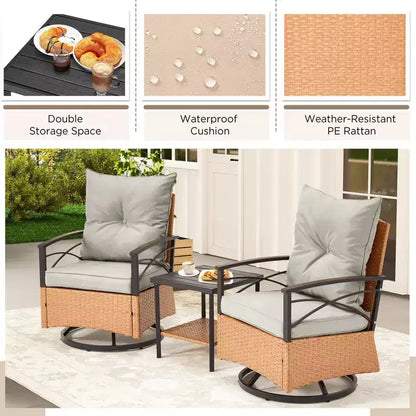 Fauteuils pivotants à bascule en rotin EROMMY 3 pièces pour patio, chaises à bascule pivotantes d'extérieur avec 1 table basse en rotin, parfaites pour le porche, le jardin et la pelouse