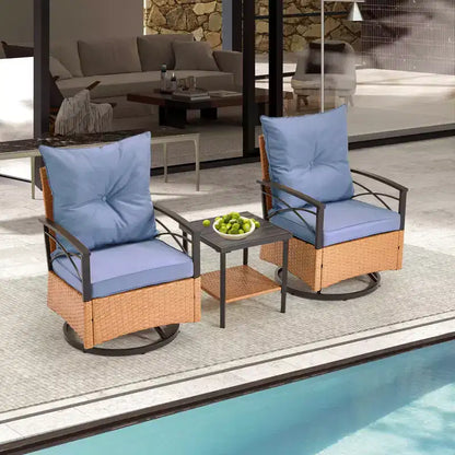 Fauteuils pivotants à bascule en rotin EROMMY 3 pièces pour patio, chaises à bascule pivotantes d'extérieur avec 1 table basse en rotin, parfaites pour le porche, le jardin et la pelouse