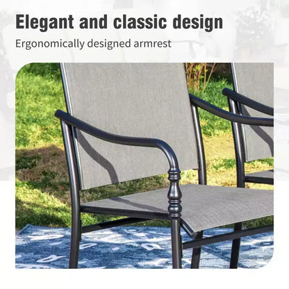 Captiva Designs Set da pranzo da 5 pezzi per patio con tavolo in acciaio con foro per ombrellone e sedie con braccioli in textilene grigio