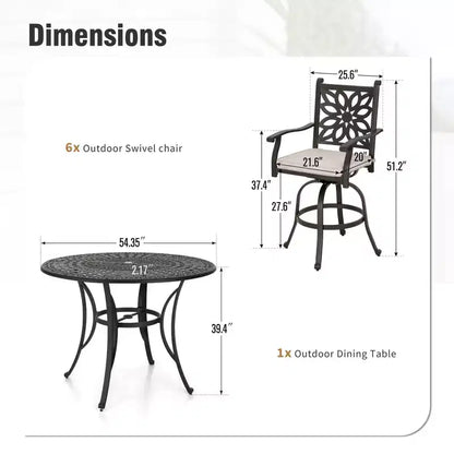 Captiva Designs Set da pranzo da 7 pezzi da bar per esterni in alluminio pressofuso con tavolo rotondo e sgabelli girevoli