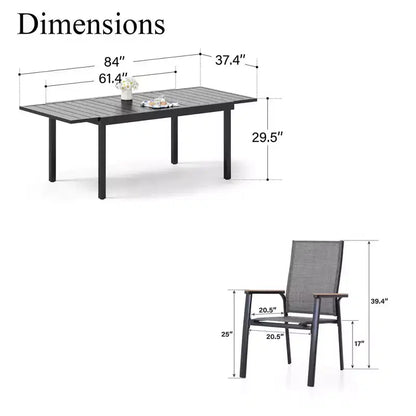 Captiva Designs Tavolo rettangolare 7 pezzi con piano a doghe regolabile e sedie in alluminio textilene grigio
