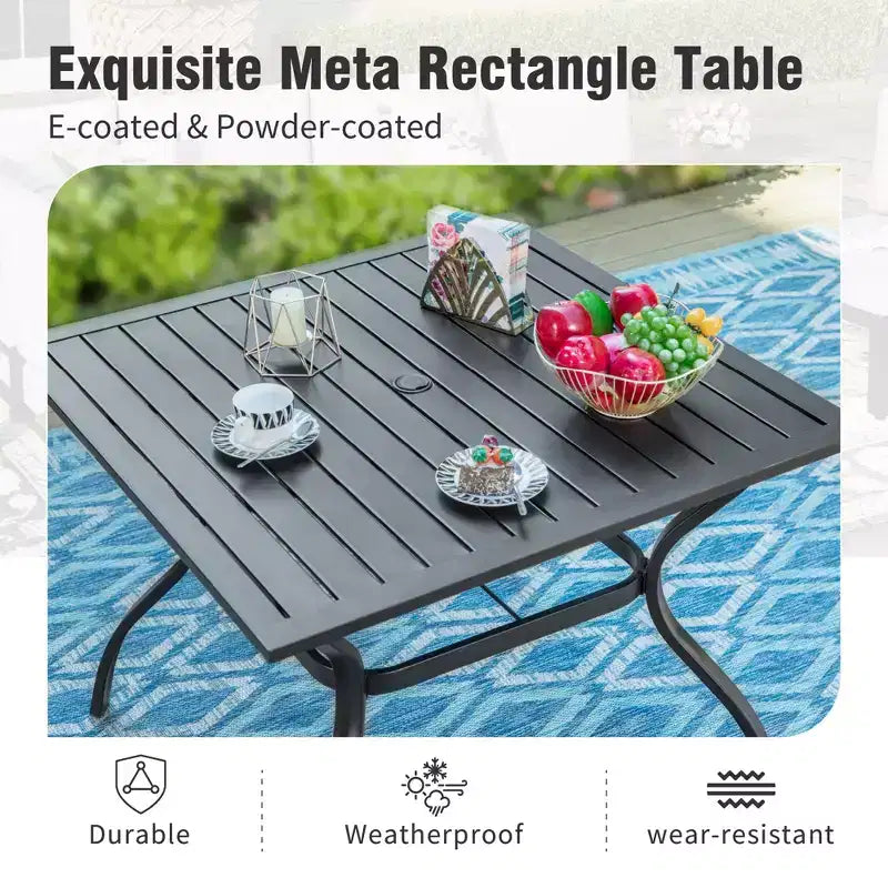 Captiva Designs Set da pranzo da 6 pezzi per patio, tavolo in acciaio, sedie fisse in tessuto a rete e ombrellone da mercato