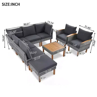 Whisen Set di Mobili da Giardino a 9 Pezzi in Rattan Resistente alle Intemperie e Divano Sezionale da Esterno con Tavolino da Caffè e Cuscini - Grigio