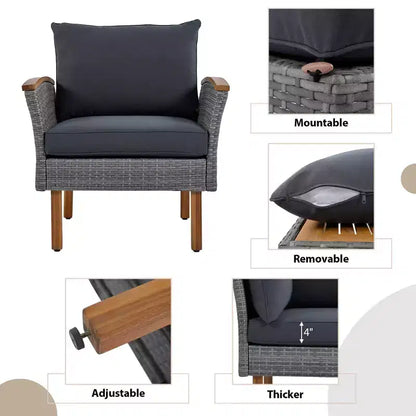 Whisen Set di Mobili da Giardino a 9 Pezzi in Rattan Resistente alle Intemperie e Divano Sezionale da Esterno con Tavolino da Caffè e Cuscini - Grigio