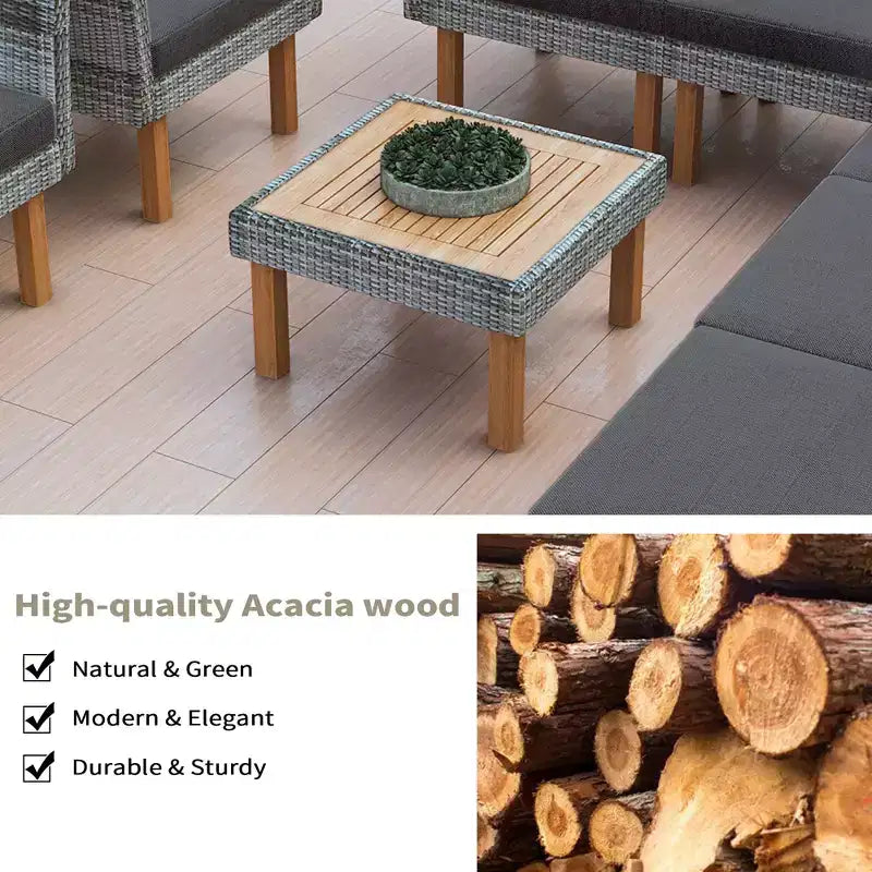 Whisen Set di Mobili da Giardino a 9 Pezzi in Rattan Resistente alle Intemperie e Divano Sezionale da Esterno con Tavolino da Caffè e Cuscini - Grigio