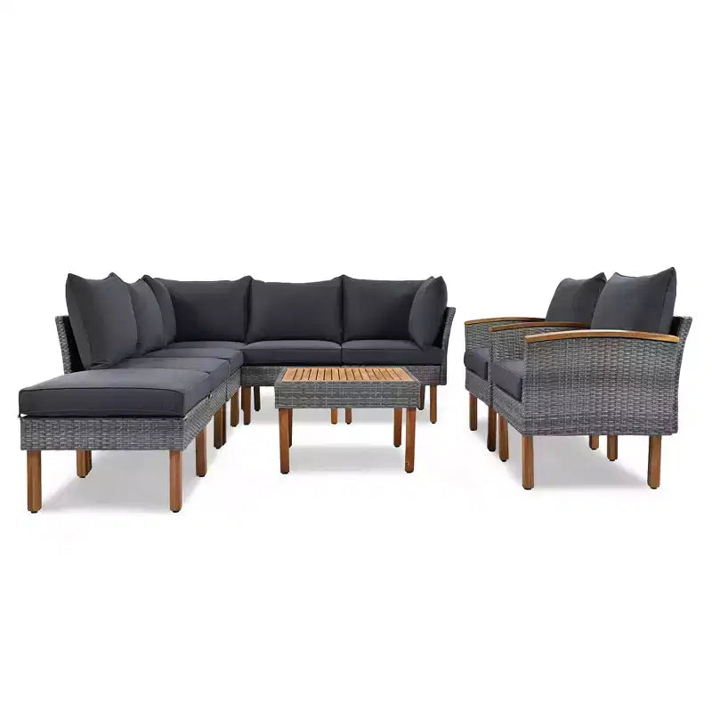 Whisen Set di Mobili da Giardino a 9 Pezzi in Rattan Resistente alle Intemperie e Divano Sezionale da Esterno con Tavolino da Caffè e Cuscini - Grigio