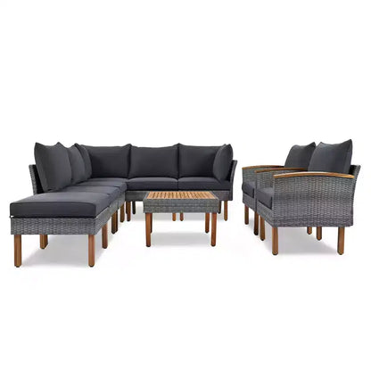 Whisen Set di Mobili da Giardino a 9 Pezzi in Rattan Resistente alle Intemperie e Divano Sezionale da Esterno con Tavolino da Caffè e Cuscini - Grigio