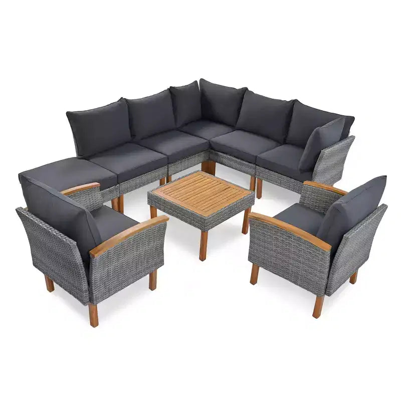 Whisen Set di Mobili da Giardino a 9 Pezzi in Rattan Resistente alle Intemperie e Divano Sezionale da Esterno con Tavolino da Caffè e Cuscini - Grigio