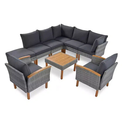 Whisen Set di Mobili da Giardino a 9 Pezzi in Rattan Resistente alle Intemperie e Divano Sezionale da Esterno con Tavolino da Caffè e Cuscini - Grigio