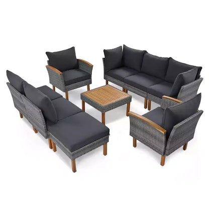 Whisen Set di Mobili da Giardino a 9 Pezzi in Rattan Resistente alle Intemperie e Divano Sezionale da Esterno con Tavolino da Caffè e Cuscini - Grigio