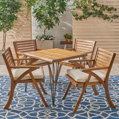 Christopher Knight Home Blaine Ensemble repas 5 pièces avec coussins, en bois d'acacia et fer forgé, pour extérieur, teck et crème