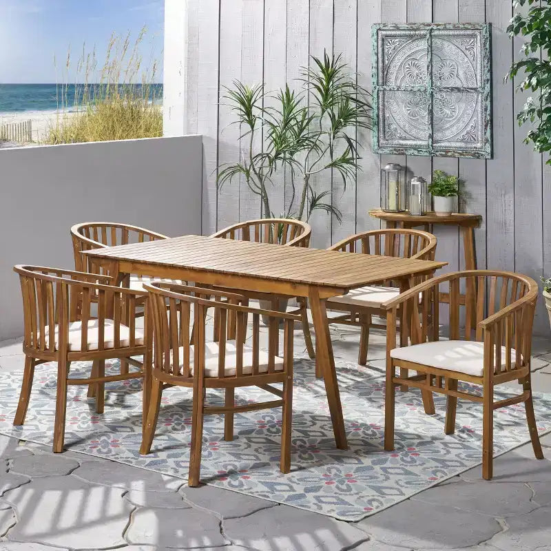 Christopher Knight Home Tamaron - Set da pranzo espandibile a 7 posti da esterno in legno di acacia con cuscini, colore teak e crema