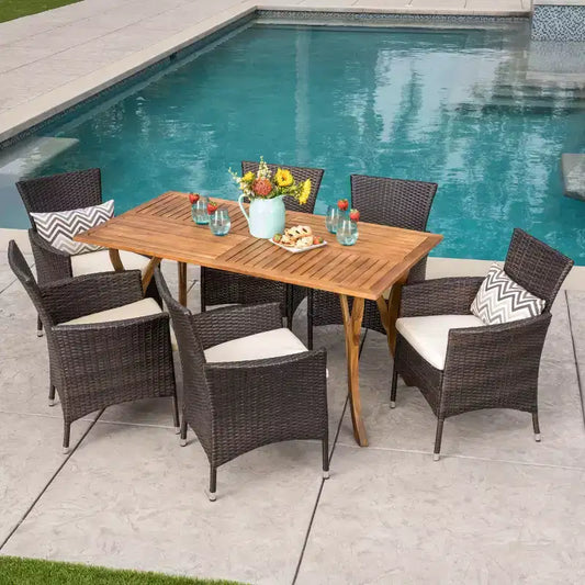 Christopher Knight Home Zain Outdoor Acacia Wood and Wicker 7 Piece Dining Set with Cushion