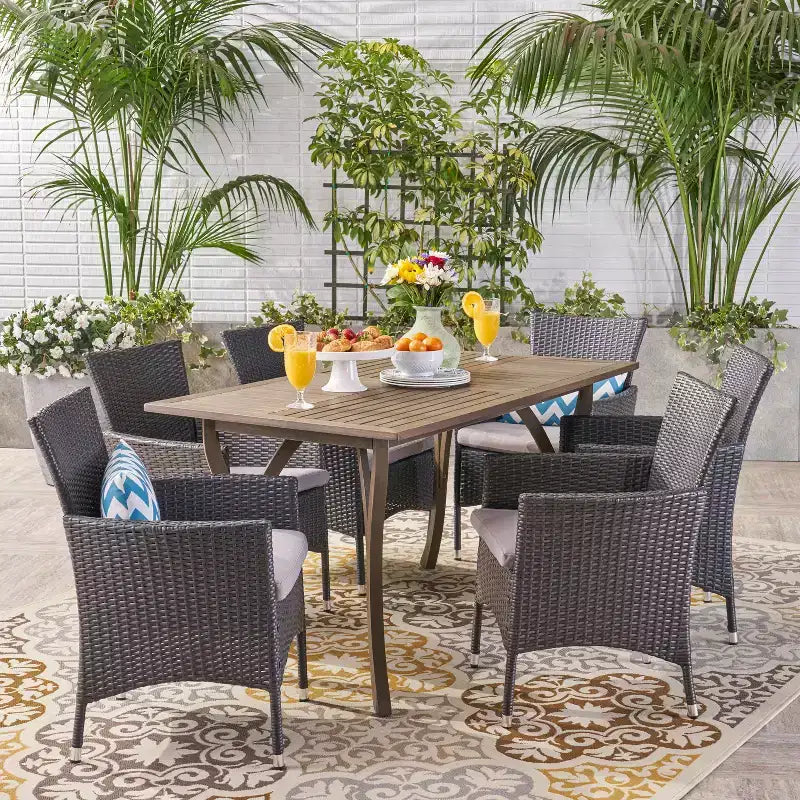 Christopher Knight Home Zain Ensemble de salle à manger 7 pièces en bois d'acacia et osier d'extérieur avec coussin