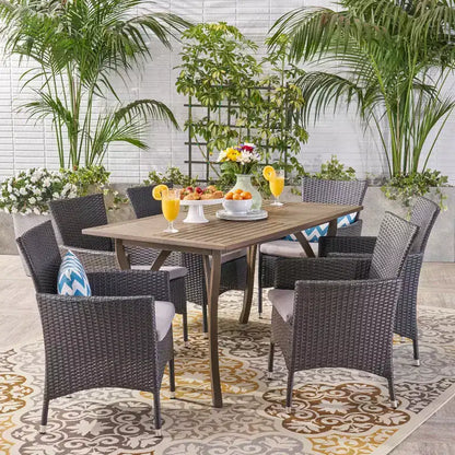 Christopher Knight Home Zain Ensemble de salle à manger 7 pièces en bois d'acacia et osier d'extérieur avec coussin