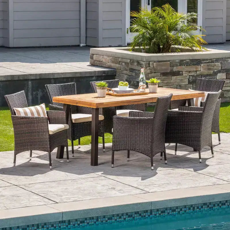 Christopher Knight Home Randy Outdoor Acacia Wood and Wicker 7 Piece Dining Set with Cushions, Teak/Multibrown