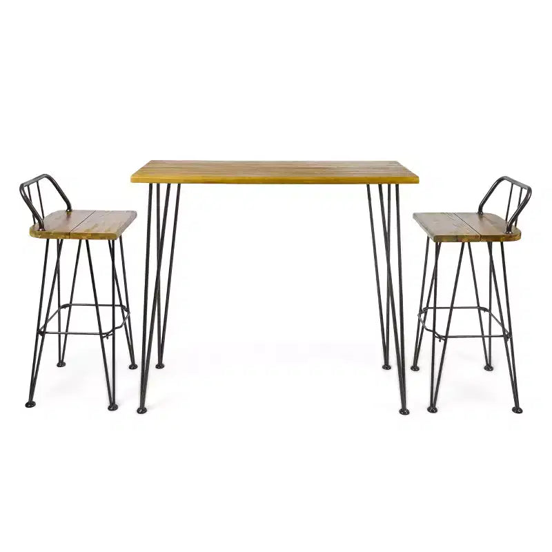 Christopher Knight Home Outdoor Industrial Acacia Wood 3 Piece Bar Set with Hairpin Legs, Teak