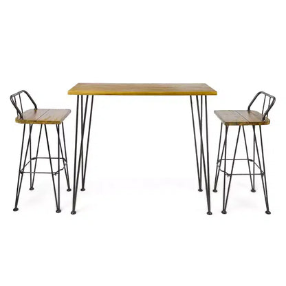 Christopher Knight Home Outdoor Industrial Acacia Wood 3 Piece Bar Set with Hairpin Legs, Teak