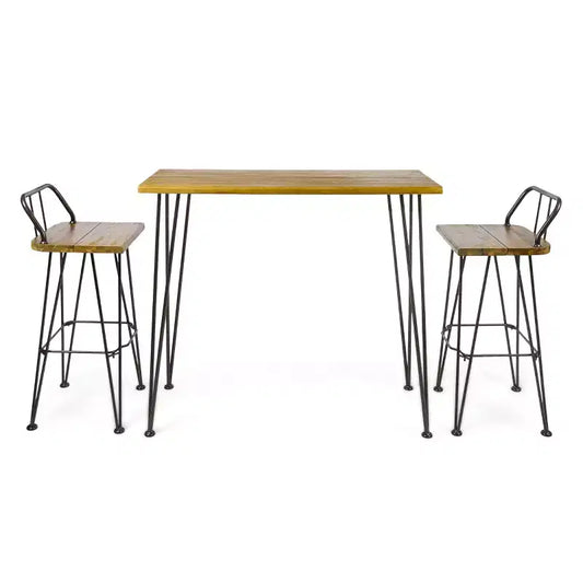 Christopher Knight Home Outdoor Industrial Acacia Wood 3 Piece Bar Set with Hairpin Legs, Teak