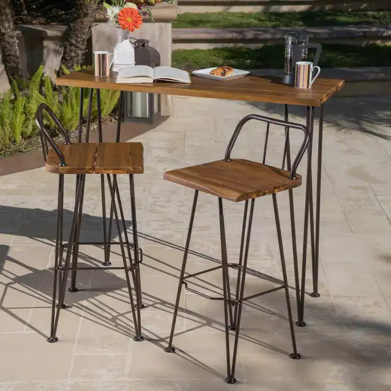 Christopher Knight Home Ensemble de bar 3 pièces industriel extérieur en bois d'acacia avec pieds épingles, Teak