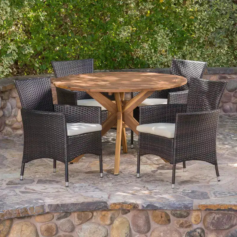 Ensemble de salle à manger d'extérieur 5 pièces Christopher Knight Home Carroll en osier et bois d'acacia avec coussin