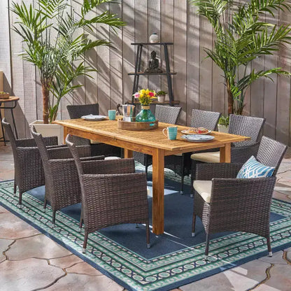GDFStudio Aloha Ensemble de salle à manger extensible 9 pièces en bois d'acacia et osier, naturel sablé/multibrun