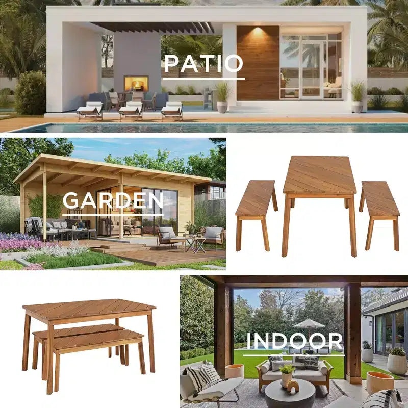 Ensemble de salle à manger d'extérieur en bois Whisen avec 2 bancs, table de pique-nique en bois d'acacia pour patio, porche, jardin - Naturel