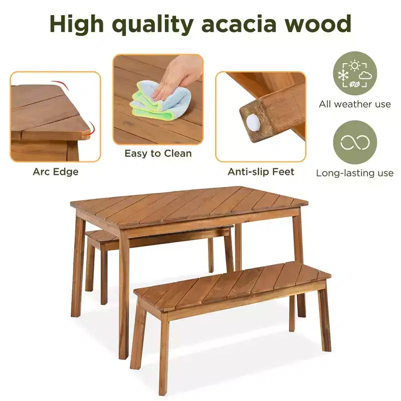 Ensemble de salle à manger d'extérieur en bois Whisen avec 2 bancs, table de pique-nique en bois d'acacia pour patio, porche, jardin - Naturel