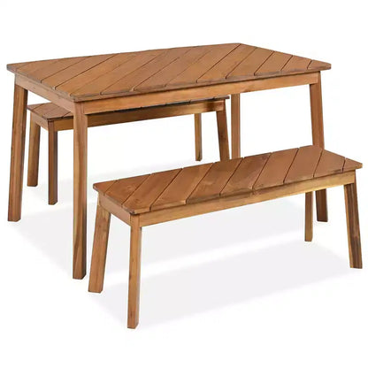Ensemble de salle à manger d'extérieur en bois Whisen avec 2 bancs, table de pique-nique en bois d'acacia pour patio, porche, jardin - Naturel