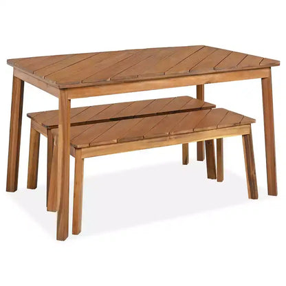 Ensemble de salle à manger d'extérieur en bois Whisen avec 2 bancs, table de pique-nique en bois d'acacia pour patio, porche, jardin - Naturel