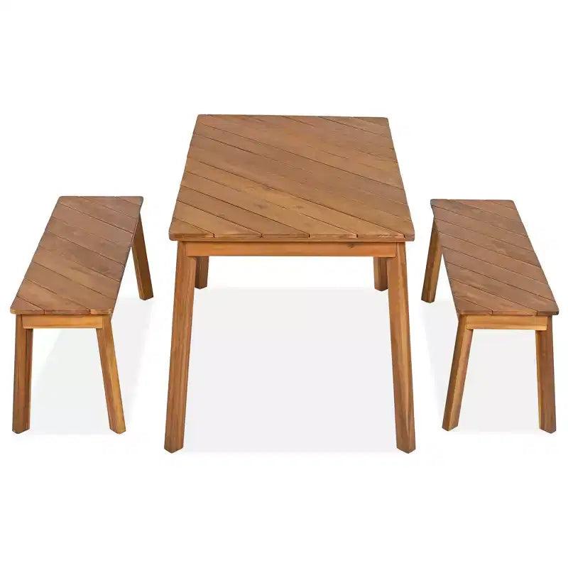 Ensemble de salle à manger d'extérieur en bois Whisen avec 2 bancs, table de pique-nique en bois d'acacia pour patio, porche, jardin - Naturel