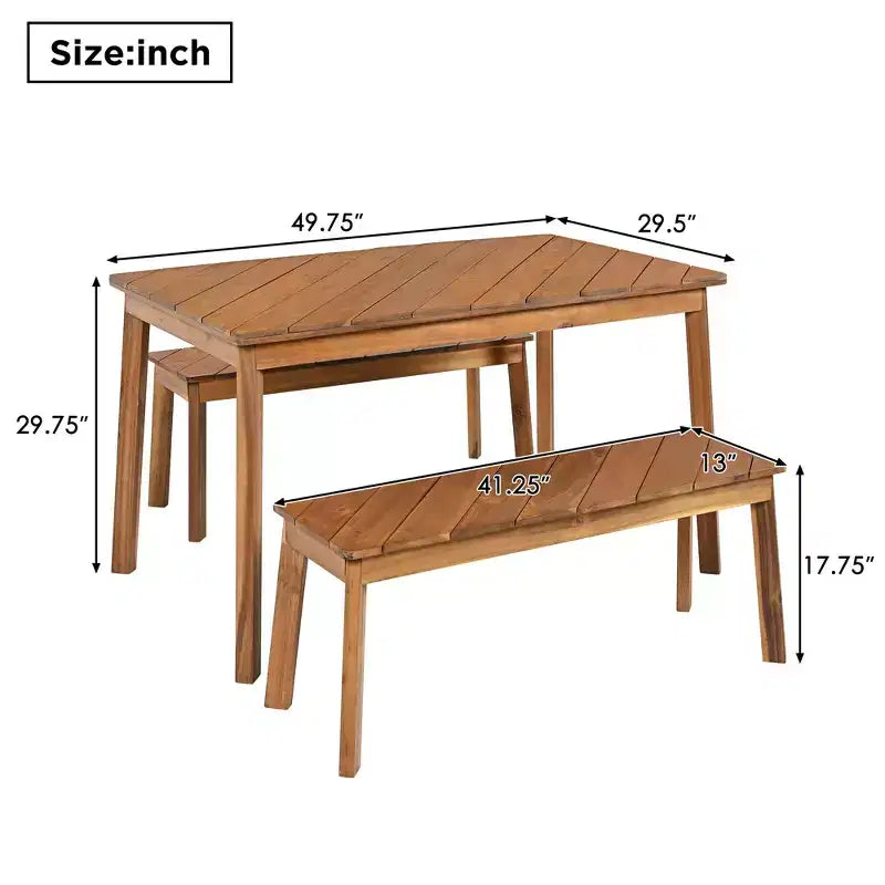Ensemble de salle à manger d'extérieur en bois Whisen avec 2 bancs, table de pique-nique en bois d'acacia pour patio, porche, jardin - Naturel