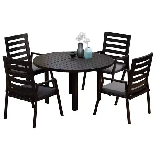 LeisureMod Chelsea 5-Piece Patio Dining Set, 48 Round Aluminum Dining Table and 4 Dining Armchair