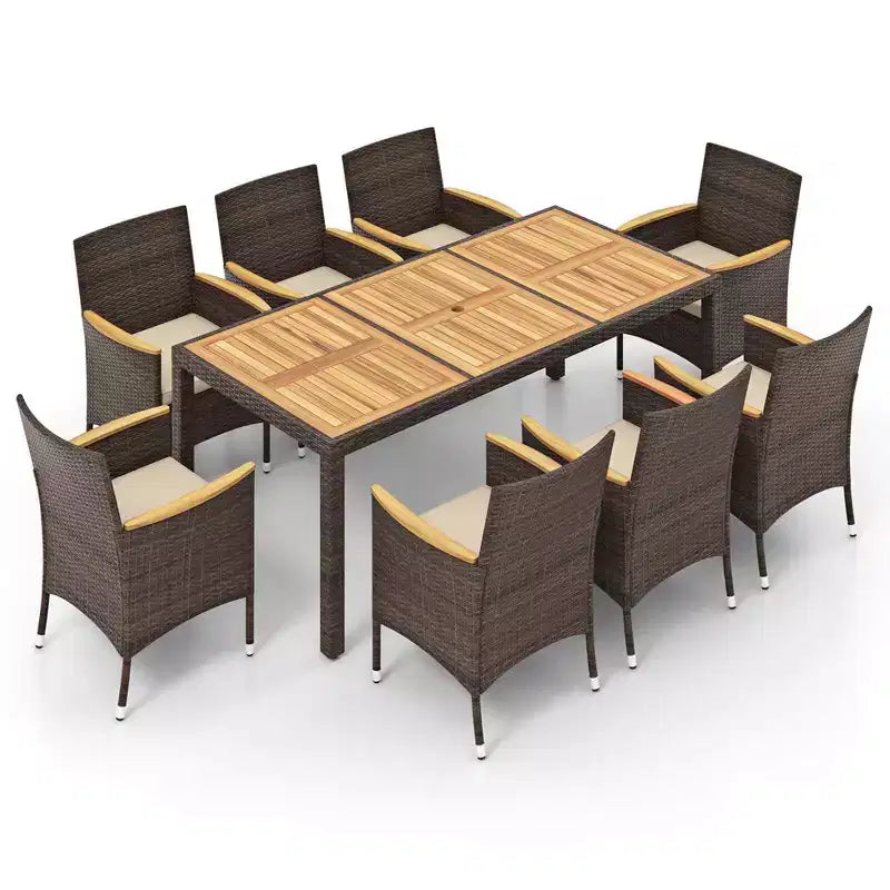 Costway Set da Pranzo da Esterno da 9 Pezzi con Tavolo in Legno di Acacia Set da Pranzo da Patio per 8 Persone Blu Scuro/Beige