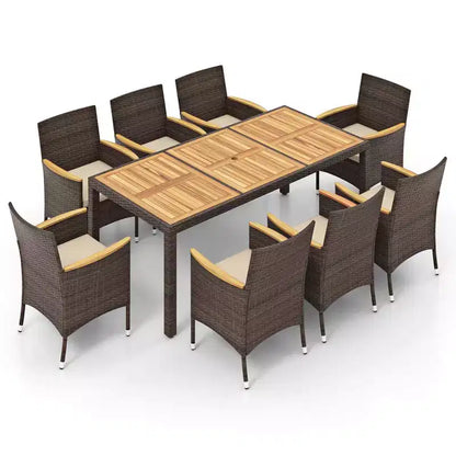 Costway Set da Pranzo da Esterno da 9 Pezzi con Tavolo in Legno di Acacia Set da Pranzo da Patio per 8 Persone Blu Scuro/Beige