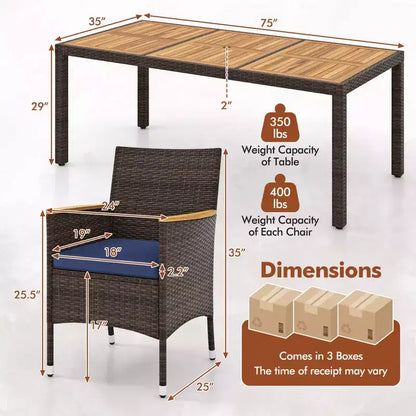 Costway Set da Pranzo da Esterno da 9 Pezzi con Tavolo in Legno di Acacia Set da Pranzo da Patio per 8 Persone Blu Scuro/Beige