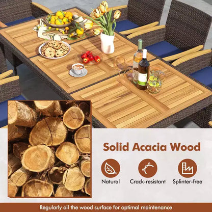 Costway Set da Pranzo da Esterno da 9 Pezzi con Tavolo in Legno di Acacia Set da Pranzo da Patio per 8 Persone Blu Scuro/Beige