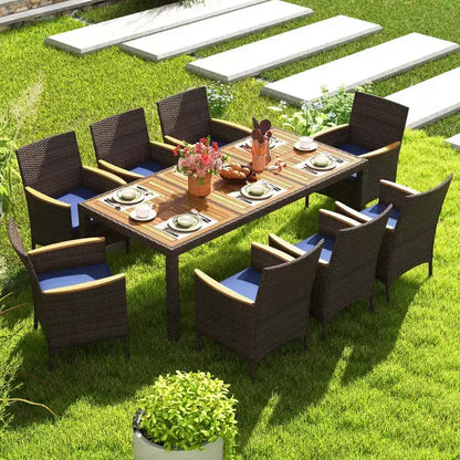 Costway Set da Pranzo da Esterno da 9 Pezzi con Tavolo in Legno di Acacia Set da Pranzo da Patio per 8 Persone Blu Scuro/Beige