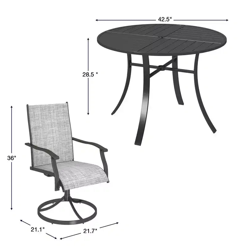 Ensemble de salle à manger EROMMY 5 pièces, table et chaises de salle à manger d'extérieur pour 4 personnes, 4 chaises pivotantes, 1 table ronde en fer avec trou pour parasol réglable