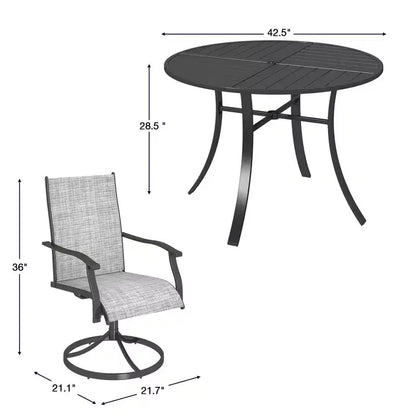 Ensemble de salle à manger EROMMY 5 pièces, table et chaises de salle à manger d'extérieur pour 4 personnes, 4 chaises pivotantes, 1 table ronde en fer avec trou pour parasol réglable